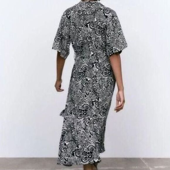 ZARA Long Fluid Loose-fit printed shirt Midi Dress With Belt‎ S - Picture 4 of 7
